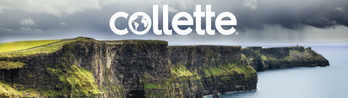 Cliffs overlooking the ocean in Ireland with the Collette logo 