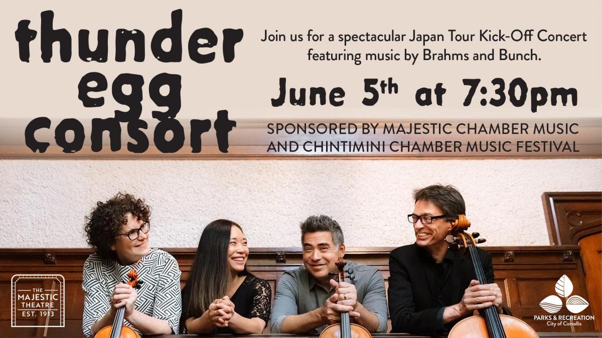 Poster image for event: four string musicians lean over a railing, smiling.