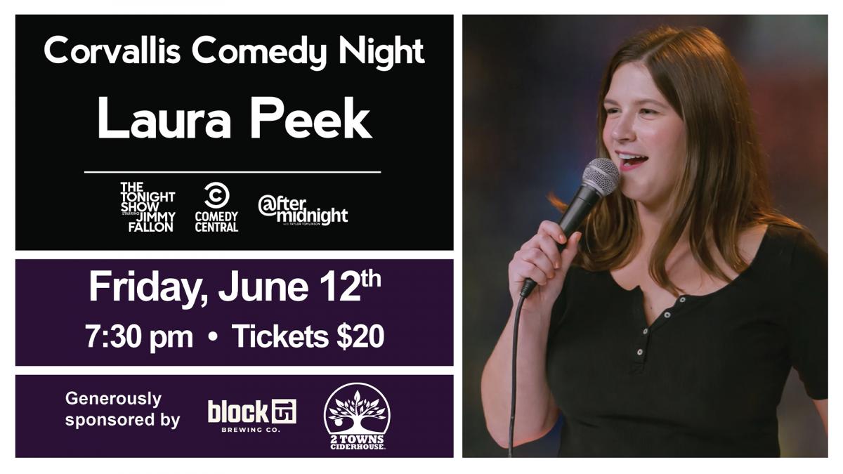 Comedian Laura Peek holding a microphone.