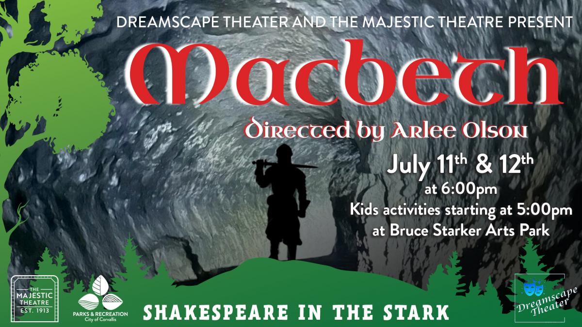 A poster image for Macbeth featuring a warrior standing in a cave surrounded by trees