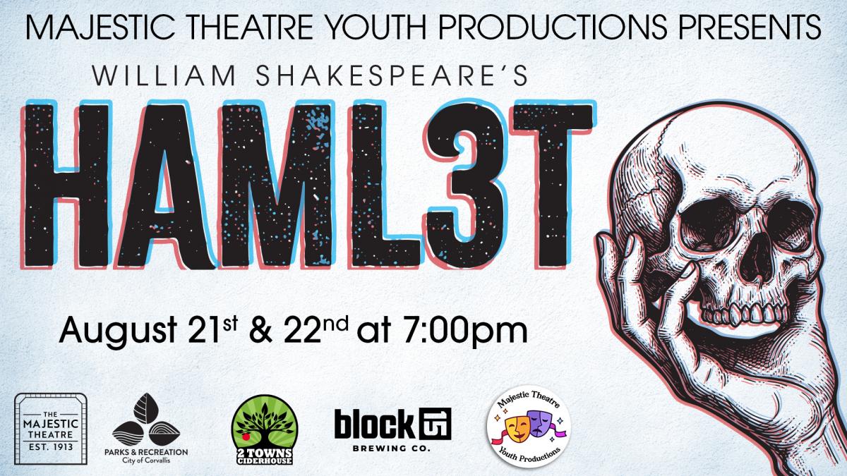 A hand holds a skull next to the title of the play