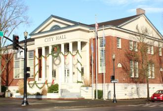 City Hall City Hall with green holiday decorations