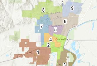 Corvallis Ward Map Map of Corvallis divided up into 9 color coded wards