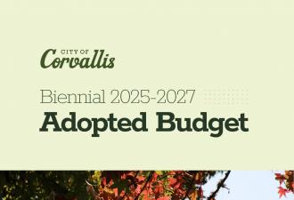 City of Corvallis Biennial 2025-2027 Adopted Budget showing red autumn leaves against a blue sky with trees in the background