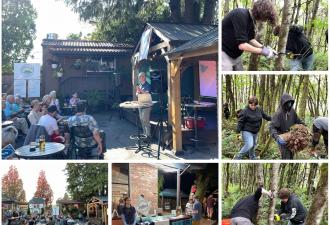 Photo collage: Photos on left are of a community gathering. Photos on the right are of students working in the forest.