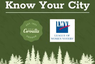 Decorative graphic with the words "Know Your City" and logos for the City of Corvallis and League of Women Voters