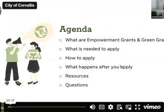 Video screenshot showing the agenda for the grant webinar along with two decorative graphics of people making an announcement.