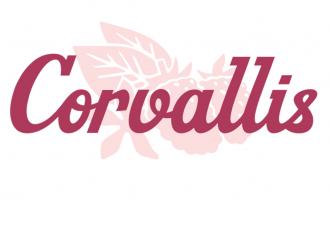 Corvallis wordmark in purple over an image of a blackberry