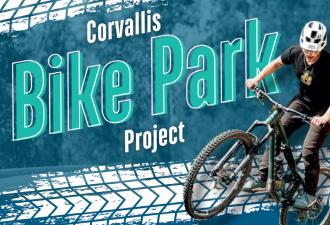 Corvallis Bike Park decorative graphic with a mountain biker on a blue graphic background