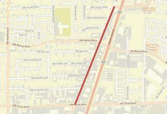 9th Street Resurfacing Red line on a map of 9th Street in Corvallis