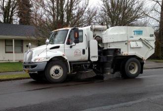 Street sweeper parked on the side of the road