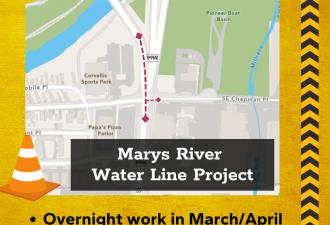 A map of Corvallis just south of the Marys River, with a red line showing the location of the new water line.