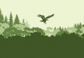 Green silhouette of a raptor flying over a forest