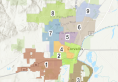 Map of Corvallis divided up into 9 color coded wards