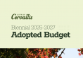 City of Corvallis Biennial 2025-2027 Adopted Budget showing red autumn leaves against a blue sky with trees in the background