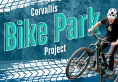Corvallis Bike Park decorative graphic with a mountain biker on a blue graphic background