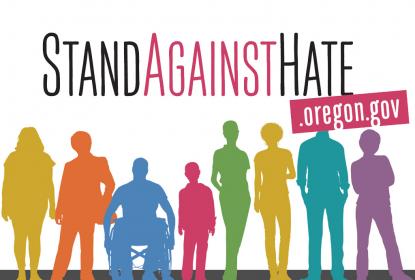 Hate and Bias Reporting Crowd of colored silhouettes underneath the words "Stand Against Hate"